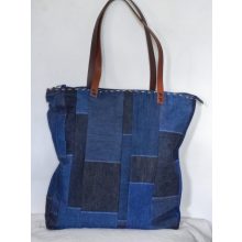 Patchwork farmertáska bőr vállpántokkal