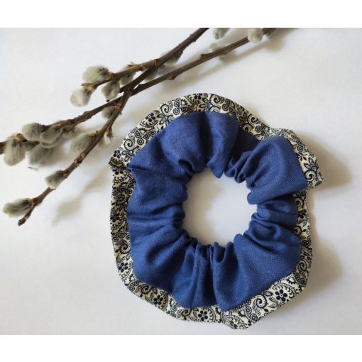 Textil scrunchie hajgumi, kék-virágos